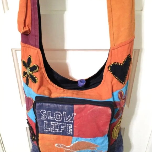 Nepal BOHO SLOW LIFE Orange Red 100% COTTON Hobo Crossbody Shoulder Bag Turtle - Picture 9 of 14